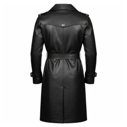 Men's Black Leather Double Breasted Trench Coat Back