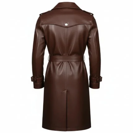 Men's Brown Leather Double Breasted Trench Coat Front