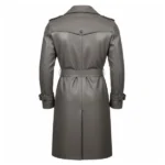 Men's Grey Leather Double Breasted Trench Coat Back