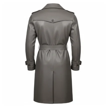 Men's Grey Leather Double Breasted Trench Coat Back