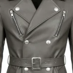Men's Grey Leather Double Breasted Trench Coat Closure