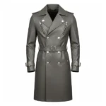 Men's Grey Leather Double Breasted Trench Coat Front