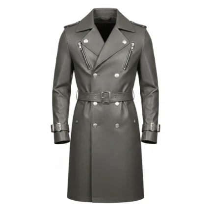Men's Grey Leather Double Breasted Trench Coat Front