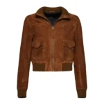 Women Brown Suede Cropped Bomber Jacket Front