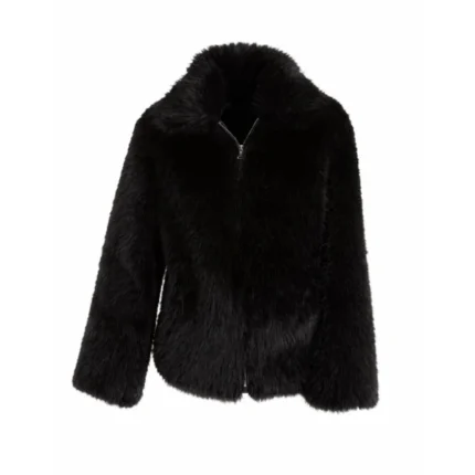Women's Black Faux Fur Shaggy Jacket Front