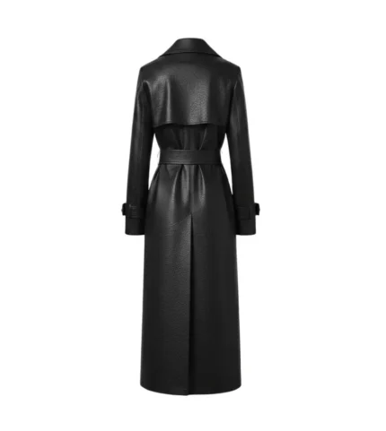 Women's Black Leather Belted Trench Coat Back