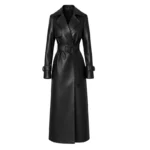 Women's Black Leather Belted Trench Coat Front