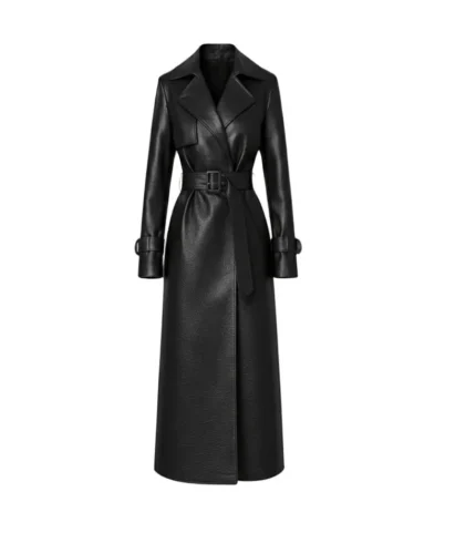 Women's Black Leather Belted Trench Coat Front