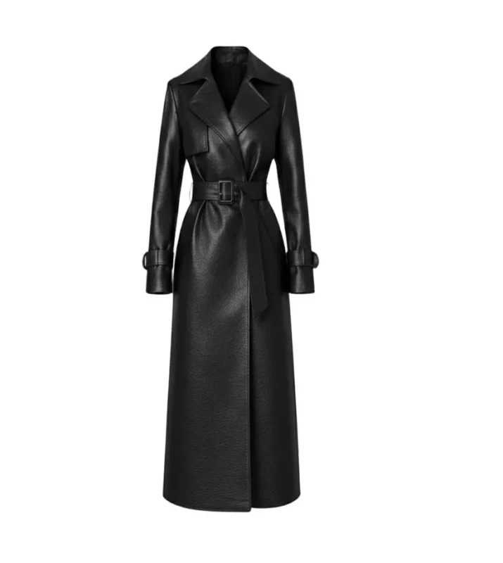 Women's Black Leather Belted Trench Coat Front