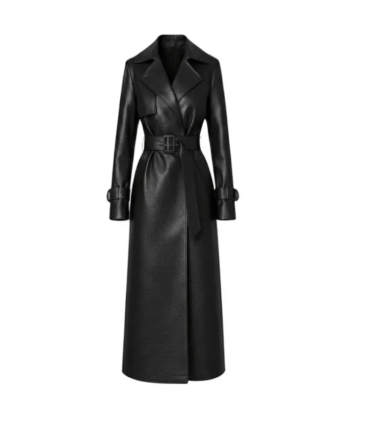 Women's Black Leather Belted Trench Coat Front