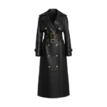Women's Black Leather Double Breasted Trench Coat Front