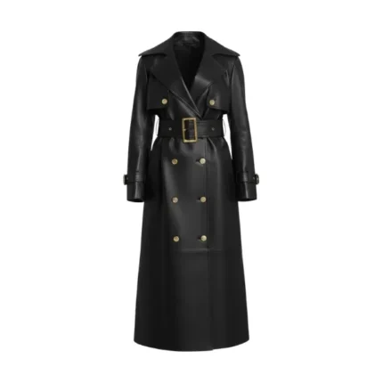 Women's Black Leather Double Breasted Trench Coat Front
