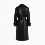 Women's Black Leather Wrap Trench Coat Back
