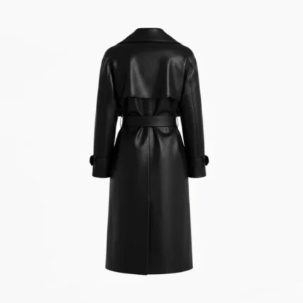 Women's Black Leather Wrap Trench Coat Back