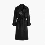 Women's Black Leather Wrap Trench Coat Front