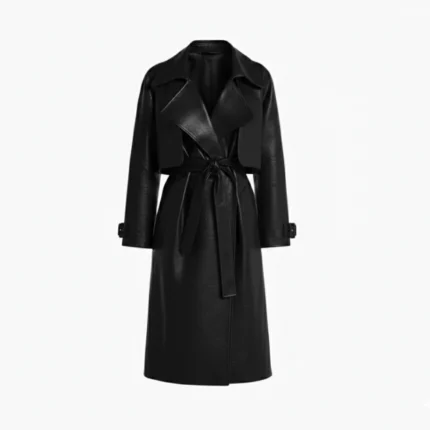 Women's Black Leather Wrap Trench Coat Front