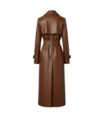 Women's Brown Leather Belted Trench Coat Back