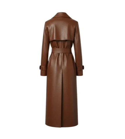 Women's Brown Leather Belted Trench Coat Back