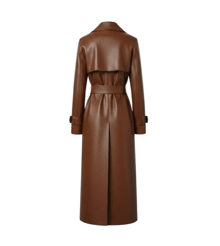 Women's Brown Leather Belted Trench Coat Back