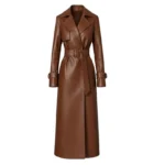 Women's Brown Leather Belted Trench Coat Front