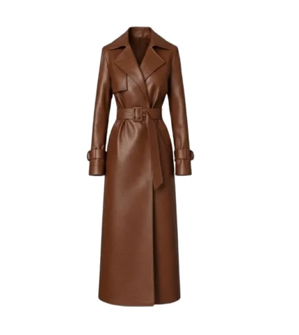 Women's Brown Leather Belted Trench Coat Front