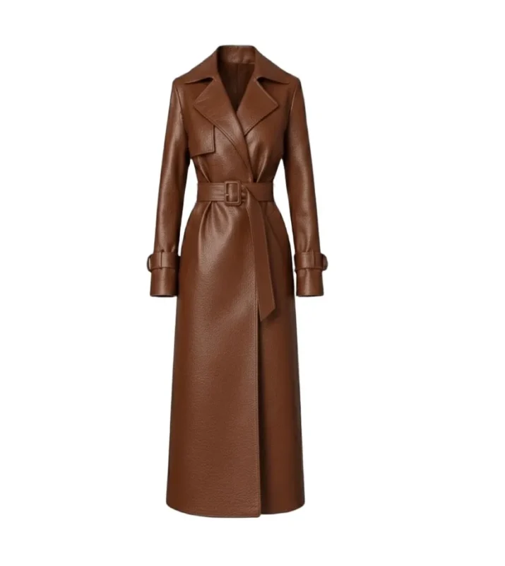 Women's Brown Leather Belted Trench Coat Front