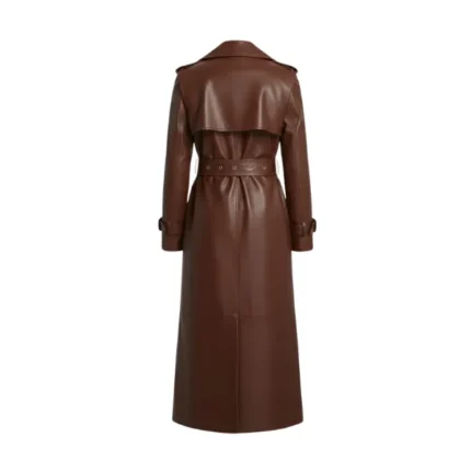 Women's Brown Leather Double Breasted Trench Coat Back