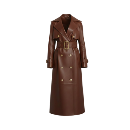 Women's Brown Leather Double Breasted Trench Coat Front
