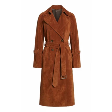 Women's Brown Suede Double Breasted Trench Coat Front