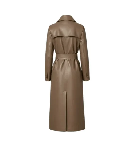 Women's Brown Wrap Leather Trench Coat Back