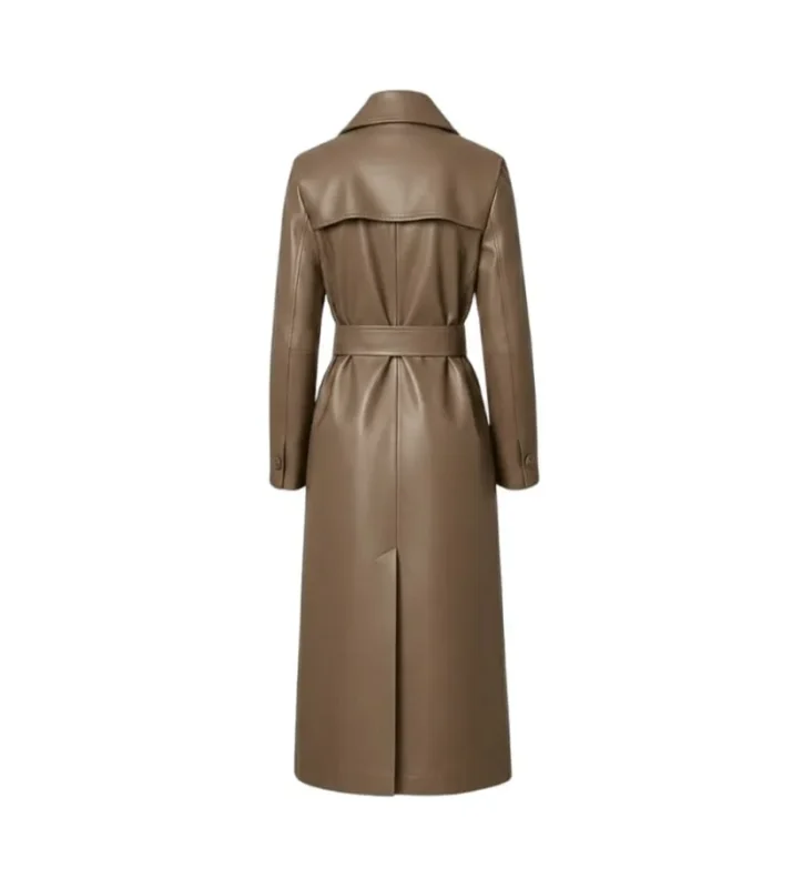 Women's Brown Wrap Leather Trench Coat Back