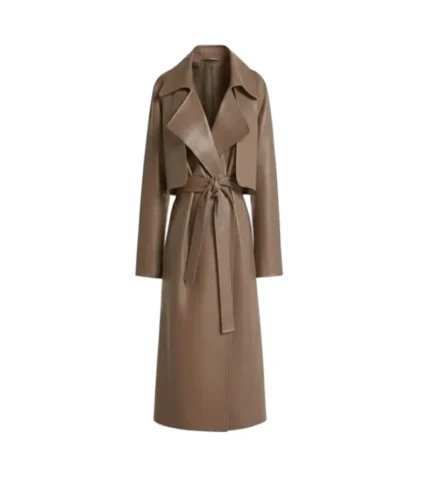 Women's Brown Wrap Leather Trench Coat Front