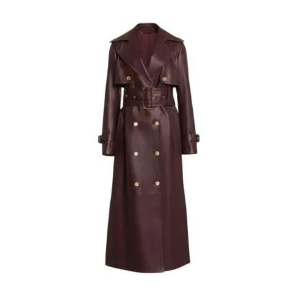 Women's Burgundy Leather Double Breasted Trench Coat Front
