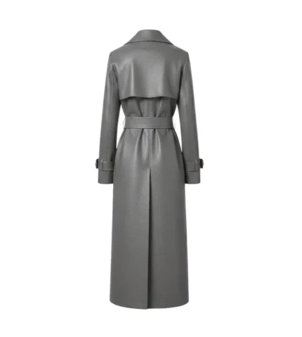 Women's Dark Grey Leather Belted Trench Coat Back