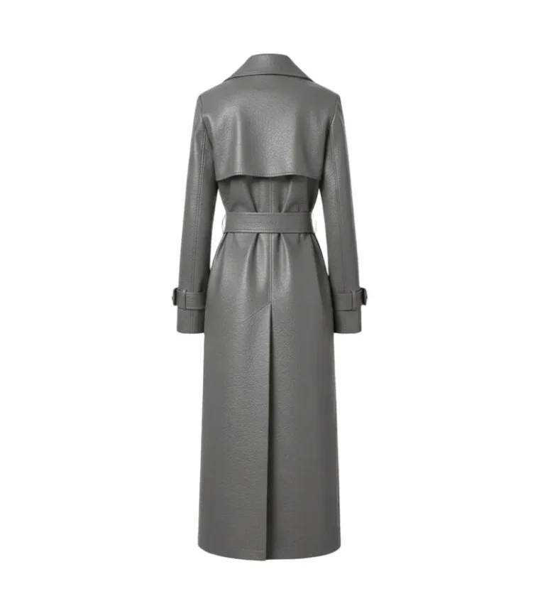 Women's Dark Grey Leather Belted Trench Coat Back