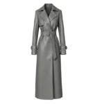 Women's Dark Grey Leather Belted Trench Coat Front