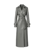 Women's Dark Grey Leather Belted Trench Coat Front