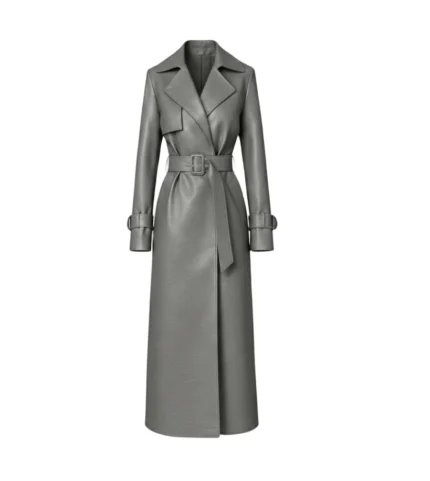 Women's Dark Grey Leather Belted Trench Coat Front