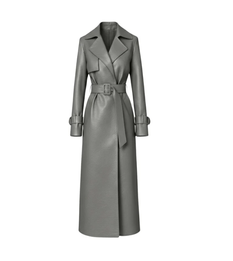 Women's Dark Grey Leather Belted Trench Coat Front
