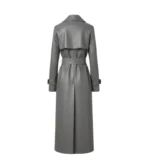Women's Dark Grey Wrap Leather Trench Coat Back