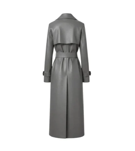 Women's Dark Grey Wrap Leather Trench Coat Back