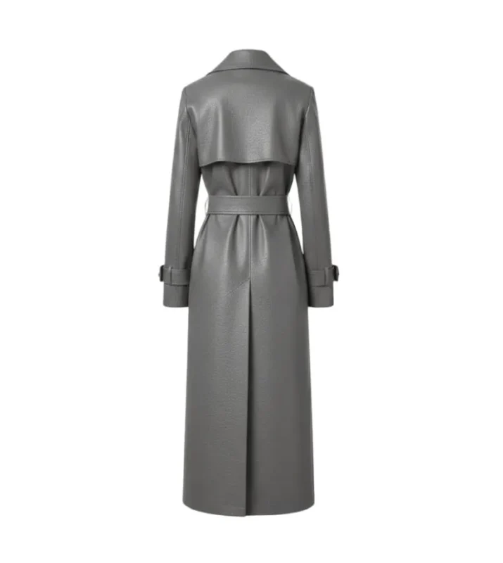 Women's Dark Grey Wrap Leather Trench Coat Back
