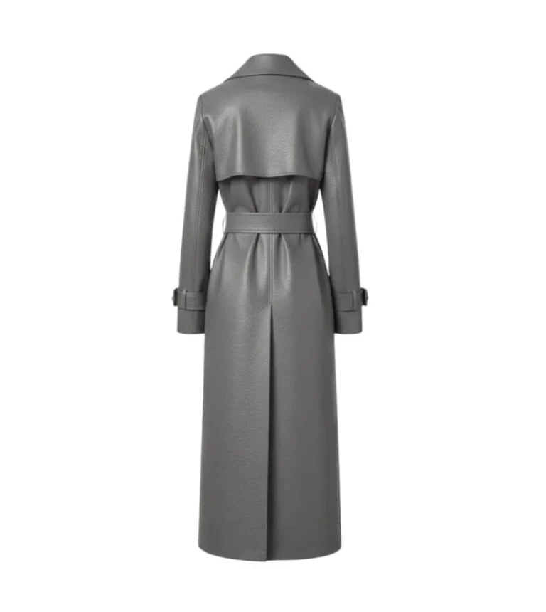 Women's Dark Grey Wrap Leather Trench Coat Back