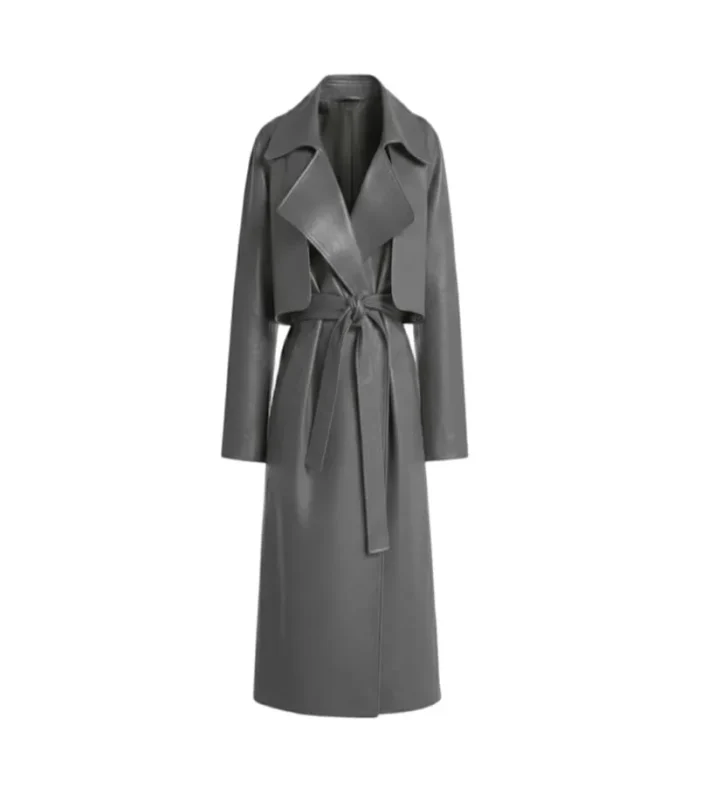 Women's Dark Grey Wrap Leather Trench Coat Front