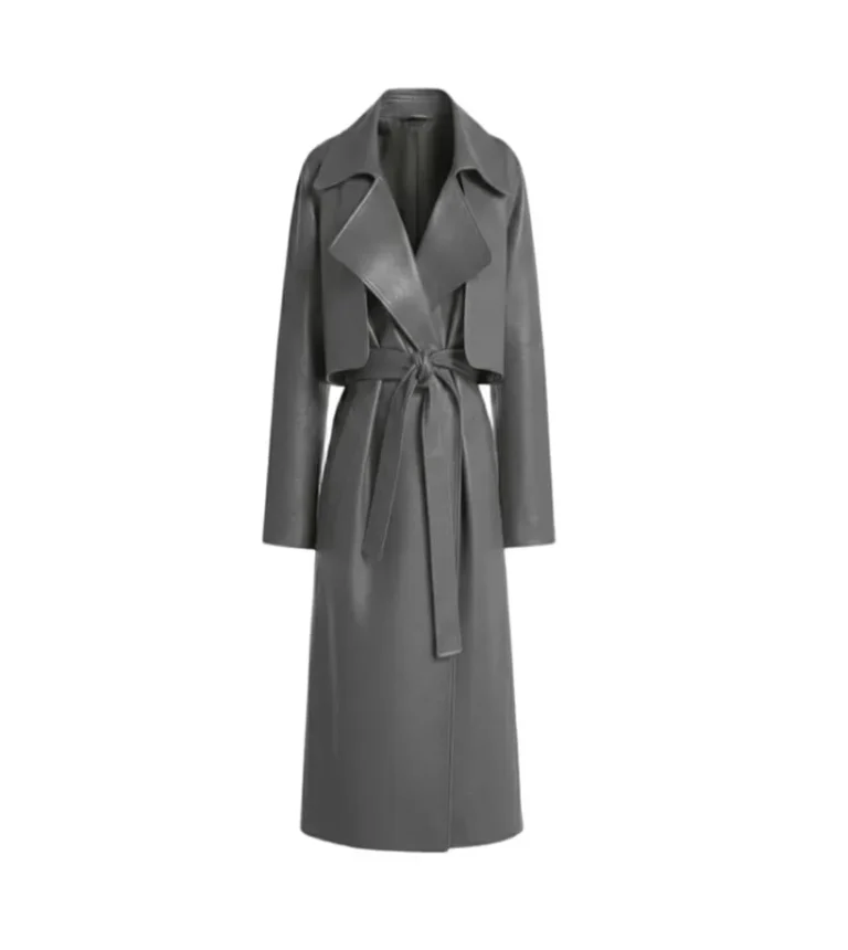 Women's Dark Grey Wrap Leather Trench Coat Front
