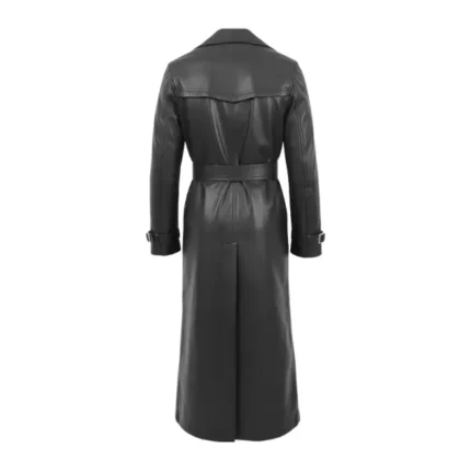 Women's Grey Leather Double Breasted Trench Coat Back