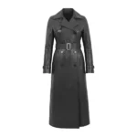Women's Grey Leather Double Breasted Trench Coat Front