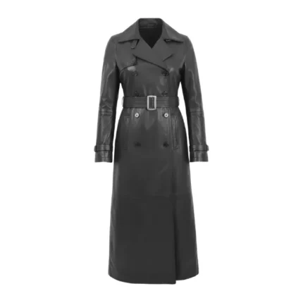 Women's Grey Leather Double Breasted Trench Coat Front