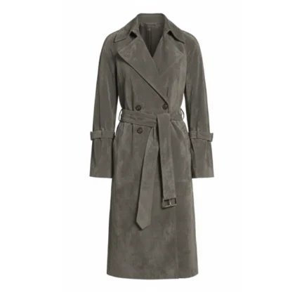 Women's Grey Suede Double Breasted Trench Coat Front