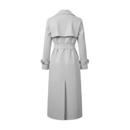Women's Light Grey Leather Trench Coat with Belt Back